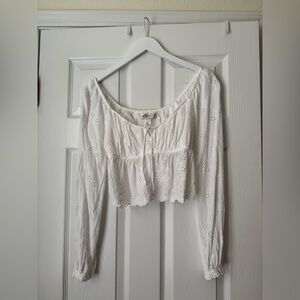 Hollister White Eyelet Babydoll Crop Long Sleeve Blouse